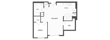 A floor plan of a house with a living room, kitchen, and bedroom.