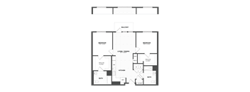 A black and white image of a floor plan for a home with a balcony, two bedrooms, a living/dining area, a kitchen, two bathrooms, and a walk-in closet.