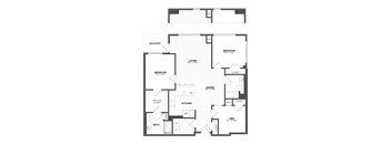 A black and white floor plan of an apartment with a living room, dining room, kitchen, and bedrooms.