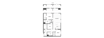 A floor plan of a house with a balcony, two bedrooms, a living area, a kitchen, a bathroom, and a den.