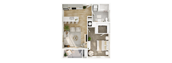 A top-down view of a modern, minimalist apartment layout.