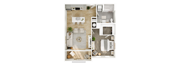 A top-down view of a modern, minimalist bathroom and kitchen area.