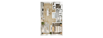 A top-down view of a modern apartment layout with a living area, kitchen, and bathroom.