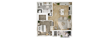 A top-down view of a modern apartment layout with a kitchen, living room, and bathroom.