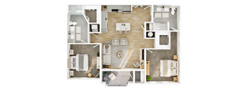 A top-down view of a house layout with a kitchen, living room, dining area, and bathroom.