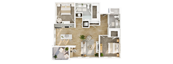 A top-down view of a modern apartment layout with a living room, kitchen, and two bedrooms.