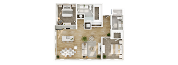 A top-down view of a modern, minimalist apartment layout.