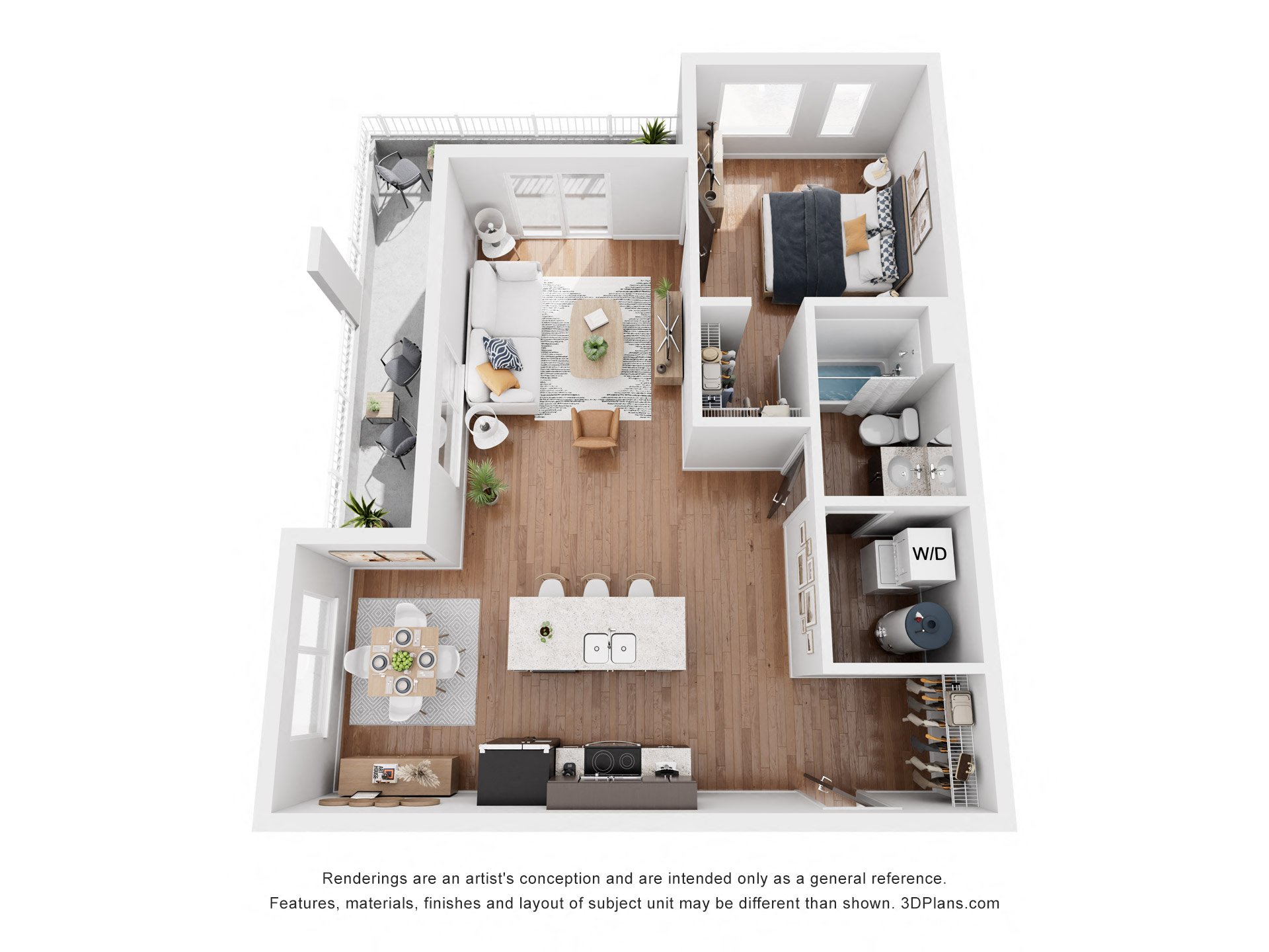 A 3D floor plan of a small apartment with a kitchen, living room, and bathroom.