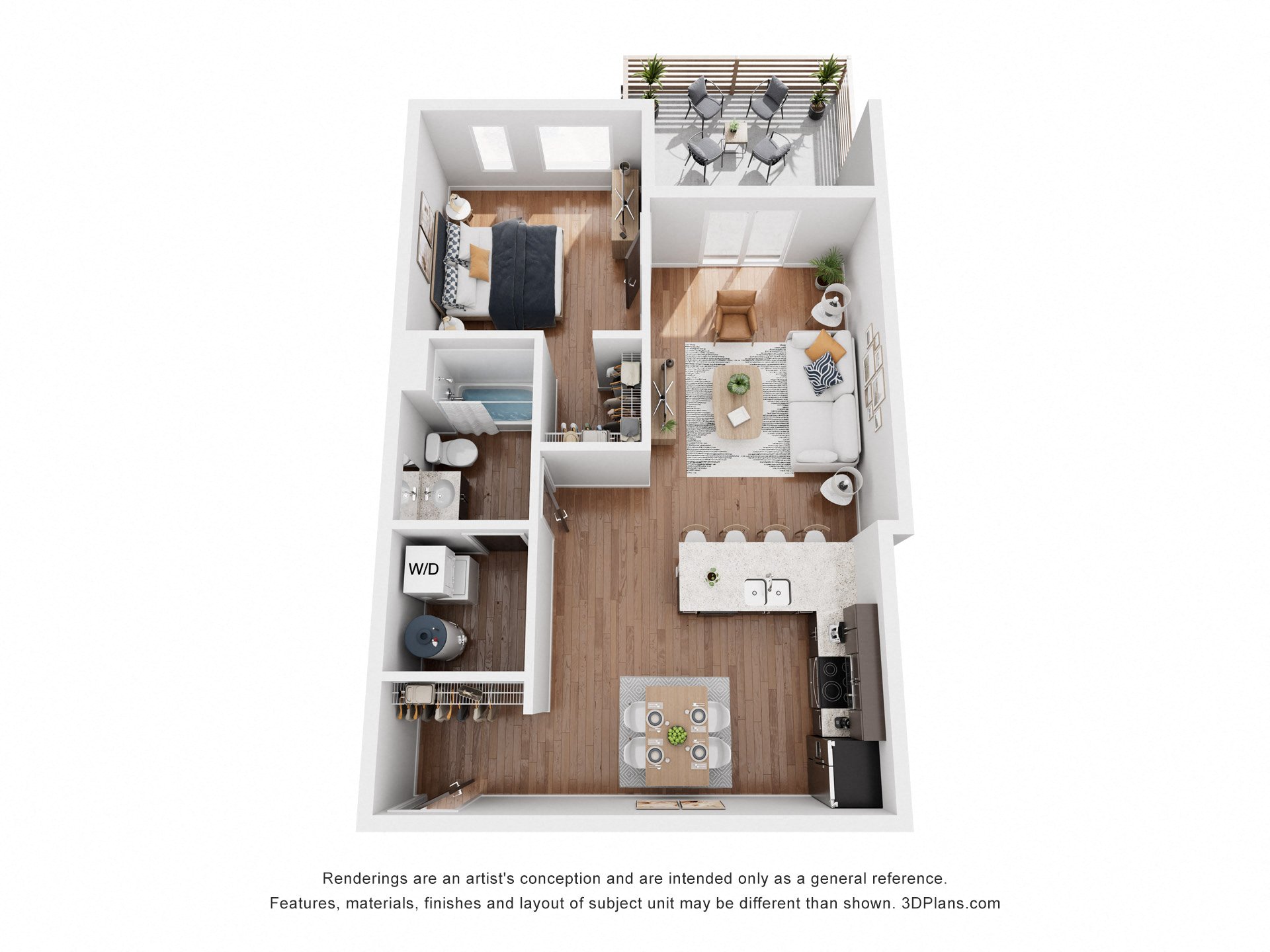 A 3D floor plan of a small apartment with a kitchen, living room, and bedrooms.