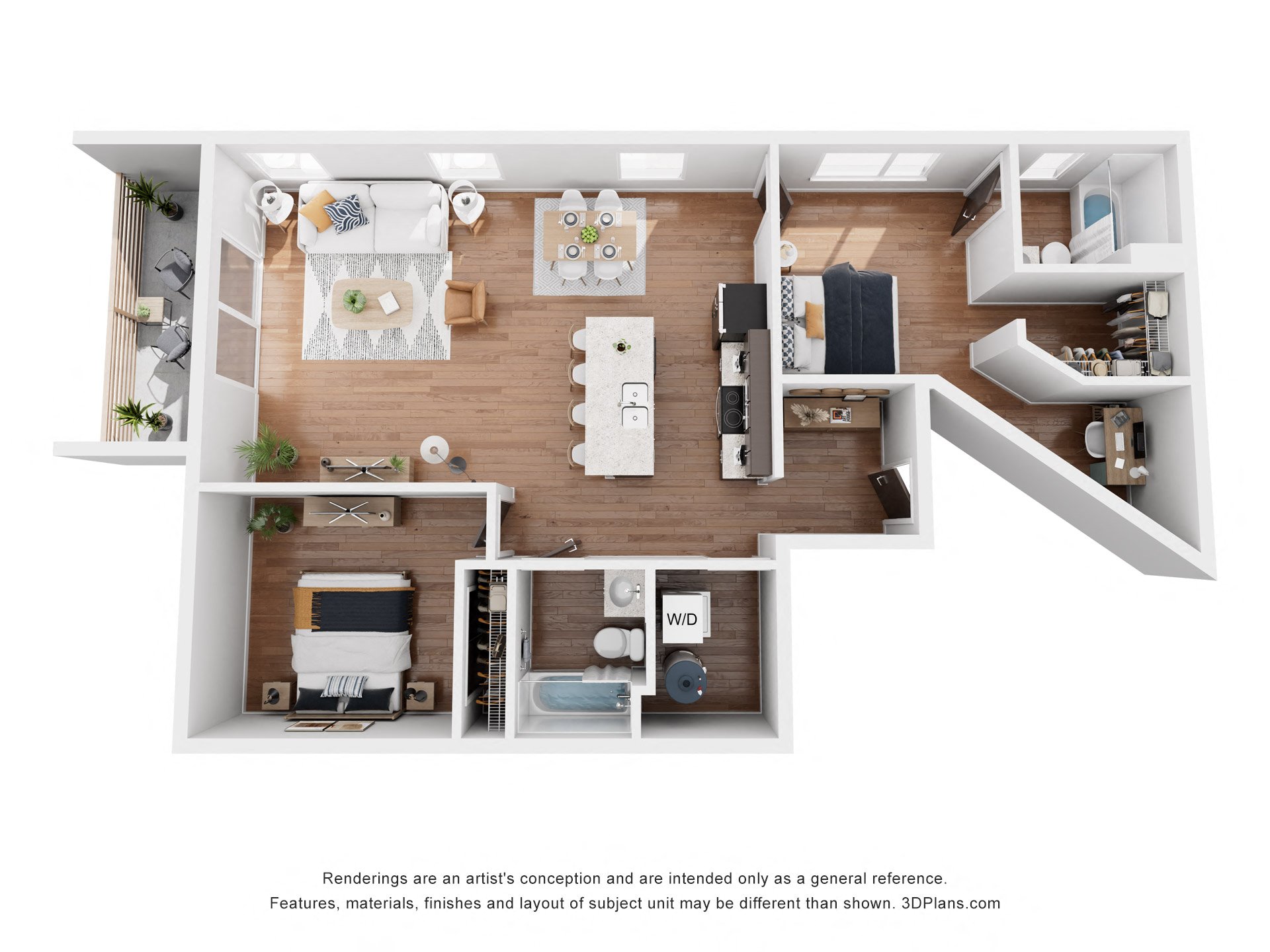 A 3D floor plan of a small apartment with a kitchen, living room, and bedroom.