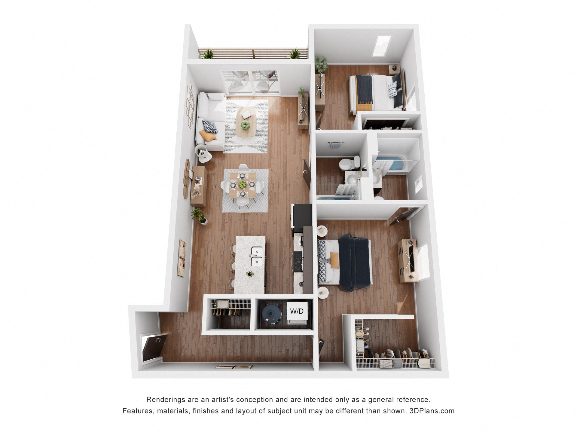 A 3D floor plan of a small apartment with a kitchen, living room, and bedroom.