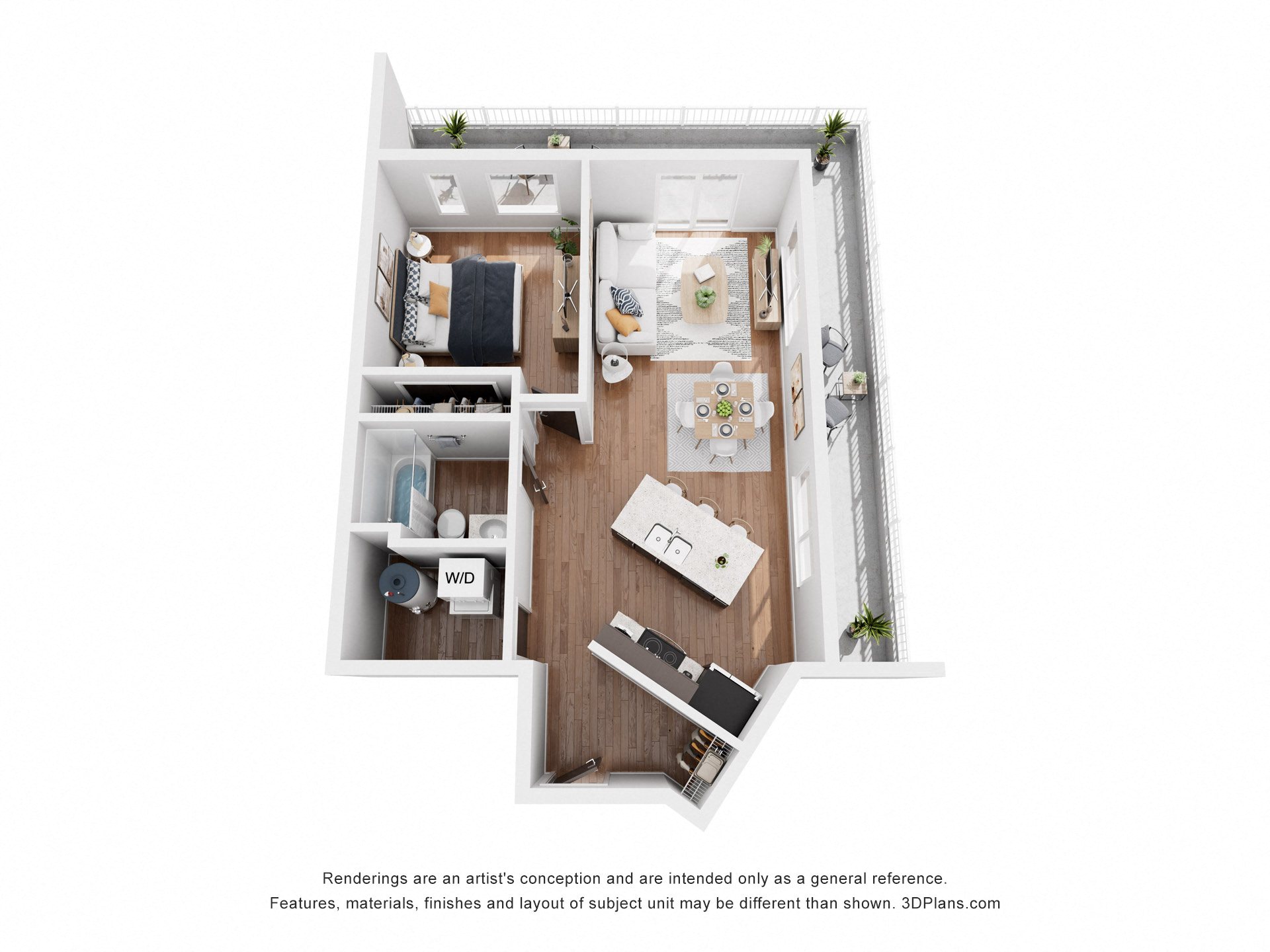 A 3D floor plan of a small apartment with a kitchen, living room, and bathroom.