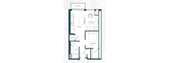 A floor plan of a small apartment with a living room, kitchen, bedroom, bathroom, and a balcony.