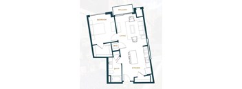 A floor plan of a house with labeled rooms such as bedroom, living, and kitchen.