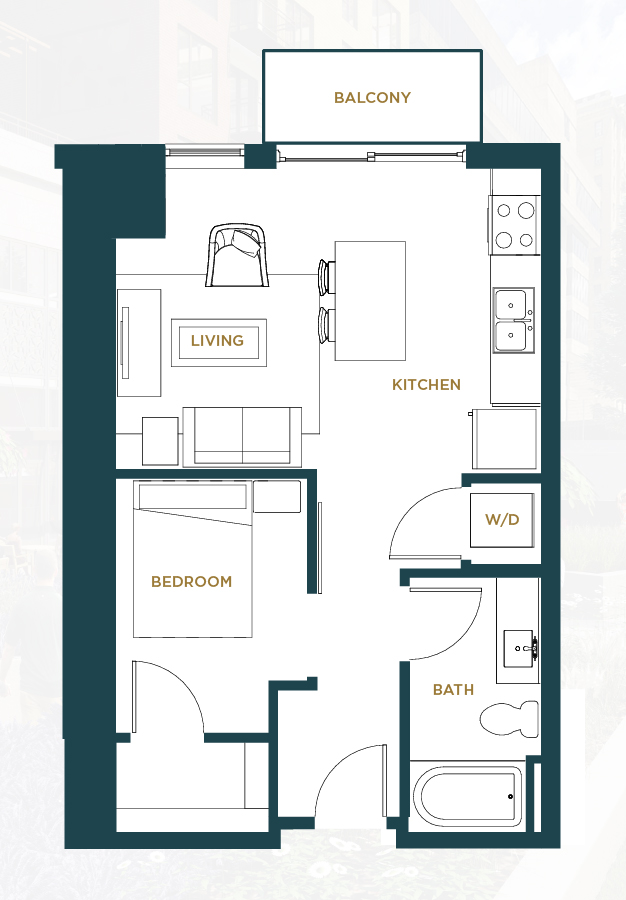 A floor plan of an apartment with a living room, kitchen, bedroom, bathroom, and balcony.