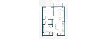 A floor plan of an apartment with a balcony, bedroom, living room, kitchen, bathroom, and a workspace.