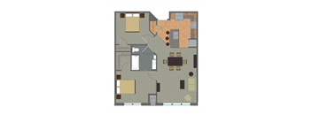 A floor plan of a house with a kitchen, living room, and dining area.
