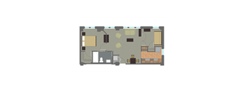 A floor plan of a house with a kitchen, living room, and two bedrooms.