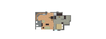 A floor plan of a house with a kitchen, living room, and two bedrooms.