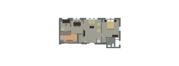 A floor plan of a house with a kitchen, living room, and two bedrooms.