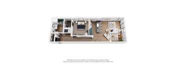 A 3D floor plan of a small apartment with a kitchen, living room, and bedroom.