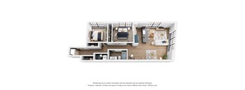A 3D floor plan of a small apartment with a kitchen, living room, and bedrooms.