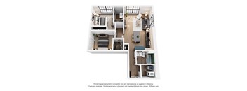 A 3D floor plan of a house with a kitchen, living room, and two bedrooms.