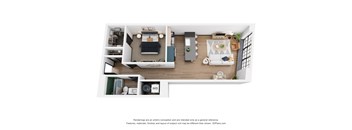A 3D floor plan of a small apartment with a kitchen, living room, and bedroom.