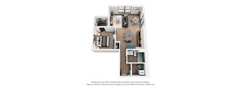 A 3D floor plan of a small apartment with a kitchen, living room, and bathroom.