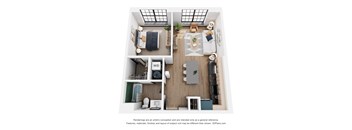 A 3D floor plan of a small apartment with a kitchen, living room, and bathroom.
