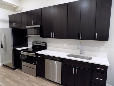 A kitchen with black cabinets and stainless steel appliances.