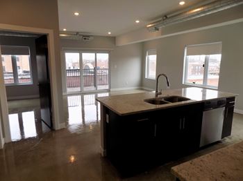 A kitchen with black cabinets and a granite countertop.