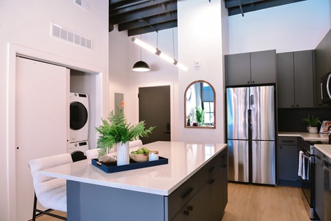 A kitchen with a white counter and a plant on it.