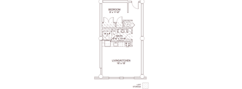 A floor plan of a small apartment with a bedroom, bathroom, living/kitchen area, and loft storage.