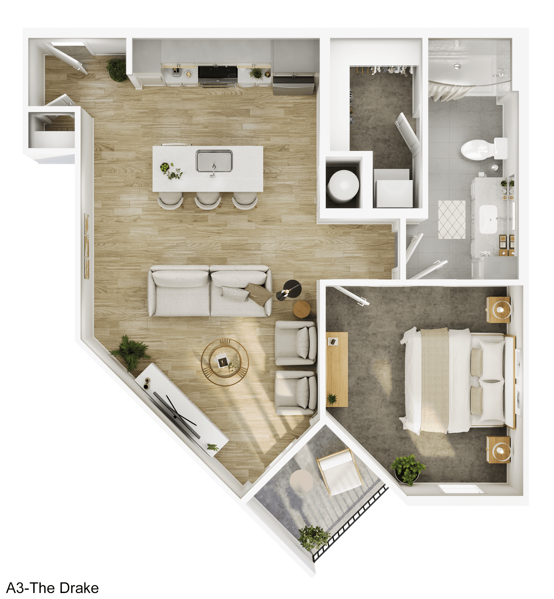 A3-The Drake floor plan shows a spacious living room, dining area, and kitchen.