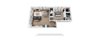 A 3D floor plan of a small apartment with a living room, kitchen, and bedroom.