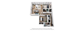 A 3D floor plan of a small apartment with a living room, kitchen, and bedroom.