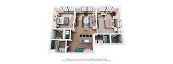 A 3D floor plan of a house with a kitchen, living room, and bathroom.