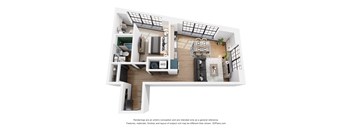 A 3D floor plan of a house with a kitchen, living room, and bathroom.