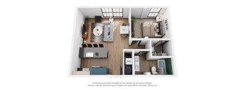 A 3D floor plan of a house with a kitchen, living room, and bathroom.