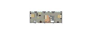 A floor plan of a house with a kitchen, living room, and two bedrooms.