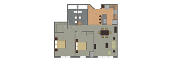 A floor plan of a building with a kitchen, living room, and two bedrooms.