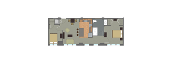A floor plan of a house with a kitchen, living room, and two bedrooms.