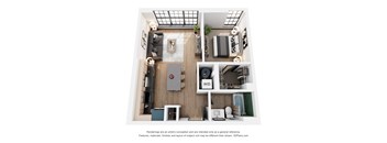 A 3D floor plan of a small apartment with a kitchen, living room, and bathroom.