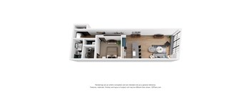 A 3D floor plan of a house with a kitchen, living room, and bathroom.