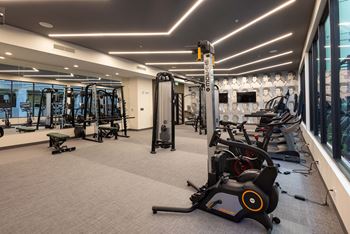 A gym with a variety of equipment including treadmills, stationary bikes, and weight machines.