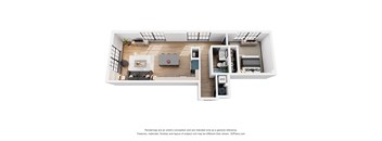 A 3D floor plan of a small apartment with a kitchen, living room, and bedroom.