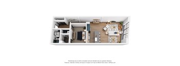 A 3D floor plan of a modern apartment with a kitchen, living room, and bedrooms.