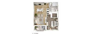 A1 - The Maple floor plan shows a modern kitchen, living room, and bathroom.