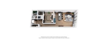 A 3D floor plan of a small apartment with a kitchen, living room, and bathroom.